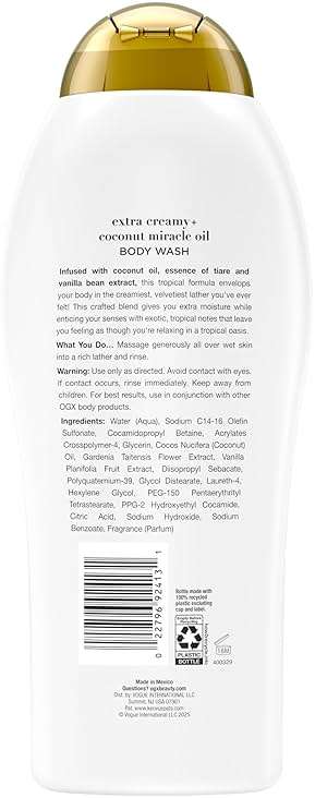 OGX Extra Creamy + Coconut Miracle Oil Ultra Moisture Body Wash, Rich Shower Gel for Dry Skin Infused with Coconut Oil, Body Wash for Women, Sulfate-Free Surfactants, 19.5 fl. oz - Image 4