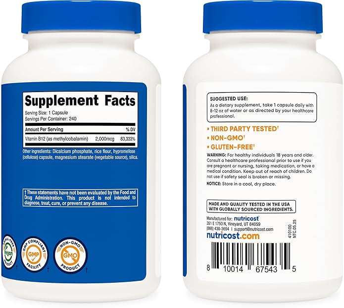 Nutricost Vitamin B12 (Methylcobalamin) 2000mcg, 240 Capsules - Vegetarian Caps, Non-GMO, Gluten Free B12 Supplement - Image 4