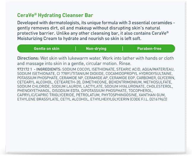 CeraVe Hydrating Cleanser Bar, Soap-Free Body and Facial Cleanser with 5% Moisturizing Cream, Fragrance-Free, 2-Pack, 4.5 Ounce Each - Image 6