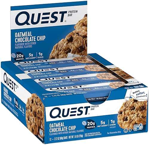 Quest Nutrition Oatmeal Chocolate Chip Protein Bars, 20g Protein, 1g Sugar, 5g Net Carb, Gluten Free, Keto Friendly, 12 Count - Image 3