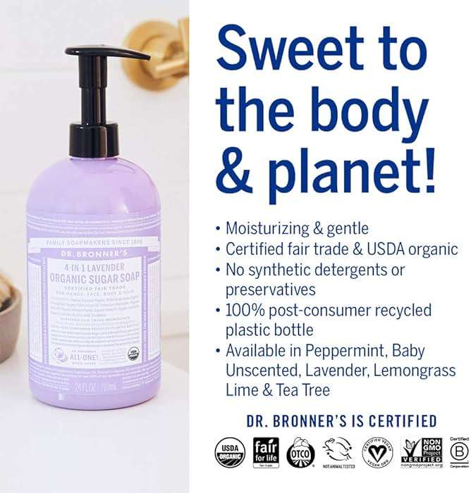 Dr. Bronner's Organic Sugar Soap (Lavender, 64 Ounce)- Made with Organic Oils, Sugar & Shikakai Powder, 4-in-1 Uses: Hand and Body Wash, Face, Hair- Cleanses, Moisturizes, Nourishes, Vegan - Image 4