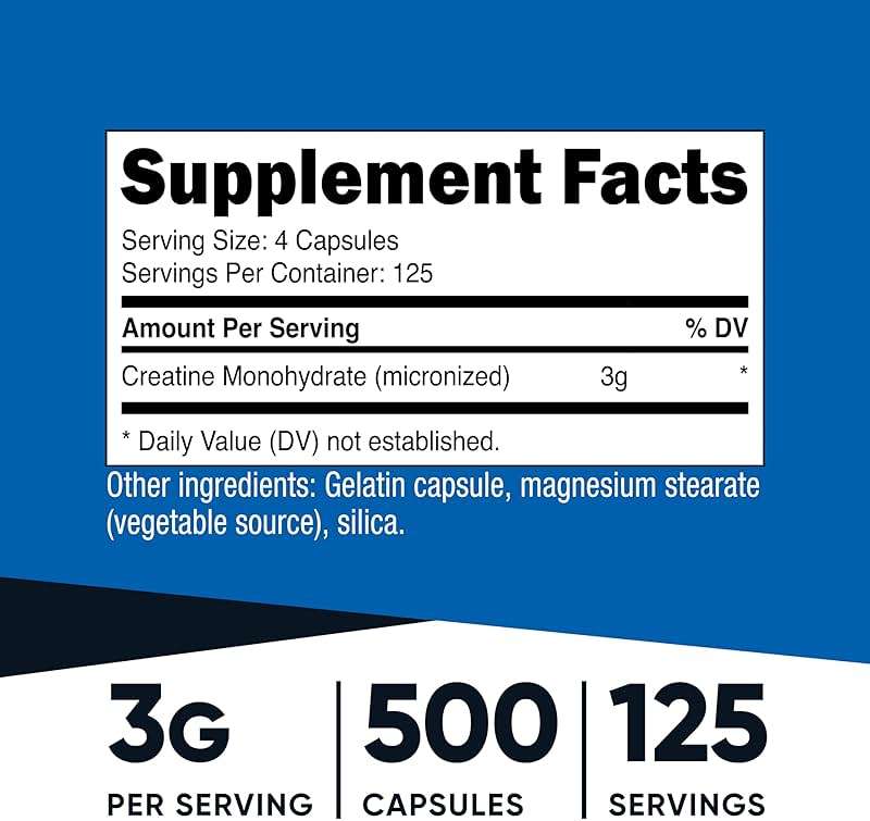 Nutricost Micronized Creatine Monohydrate 3,000mg 500 Capsules, 125 Servings, 750mg of Creatine Monohydrate Per Capsule - Image 2