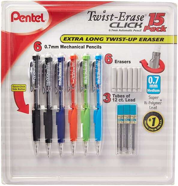 Pentel Twist-Erase Click Mechanical Pencils 0.7mm, HB #2, School Supplies, Teacher Supplies, Drawing Sketching pencils, Assorted Barrel Colors- 6 Mechanical Pencils, 6 Erasers, 3 Tubes of Lead Refills - Image 1