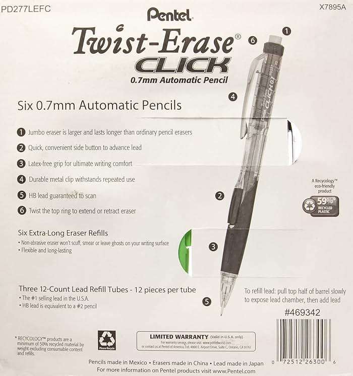 Pentel Twist-Erase Click Mechanical Pencils 0.7mm, HB #2, School Supplies, Teacher Supplies, Drawing Sketching pencils, Assorted Barrel Colors- 6 Mechanical Pencils, 6 Erasers, 3 Tubes of Lead Refills - Image 2