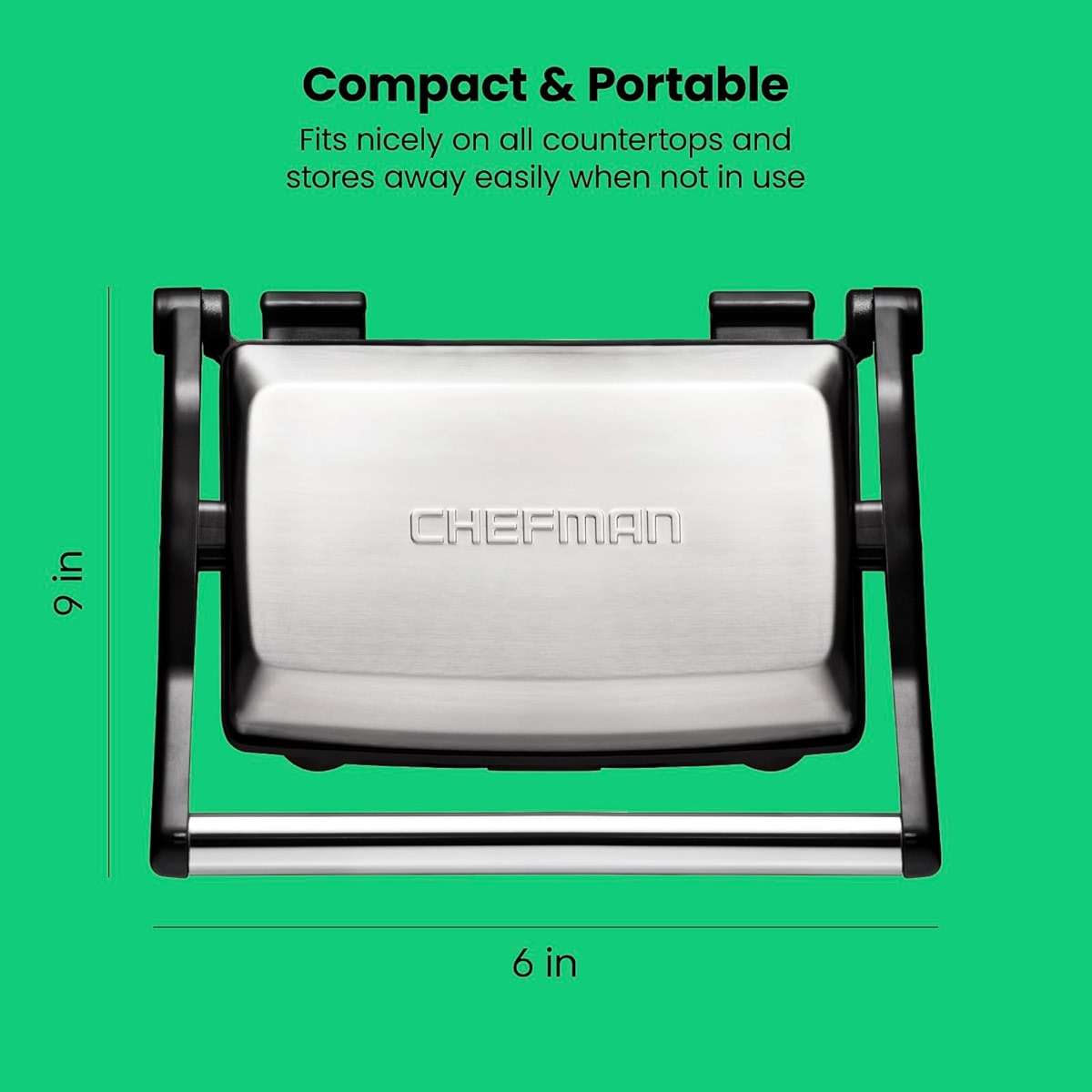 Chefman Electric Panini Press Grill, Compact 2-Slice Sandwich Maker, Non-Stick Coated Plates, Opens 180 Degrees, Dishwasher Safe, Removable Drip Tray, Stainless Steel/Black - Image 3
