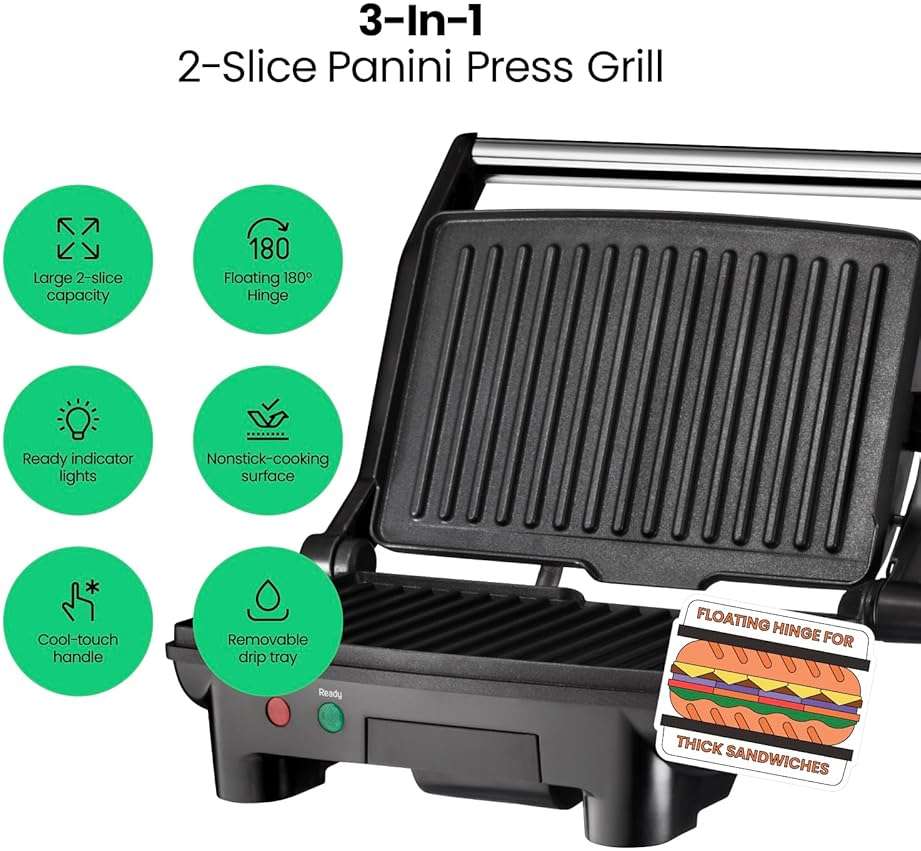 Chefman Electric Panini Press Grill, Compact 2-Slice Sandwich Maker, Non-Stick Coated Plates, Opens 180 Degrees, Dishwasher Safe, Removable Drip Tray, Stainless Steel/Black - Image 4
