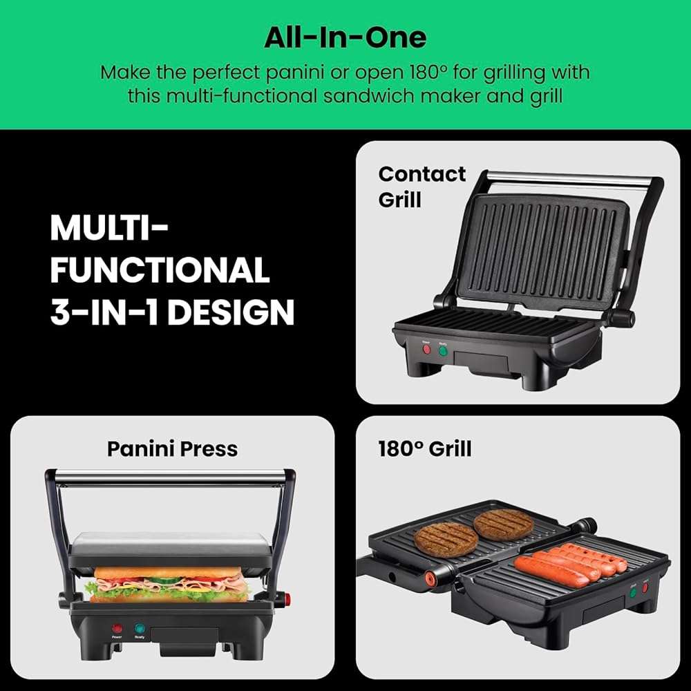 Chefman Electric Panini Press Grill, Compact 2-Slice Sandwich Maker, Non-Stick Coated Plates, Opens 180 Degrees, Dishwasher Safe, Removable Drip Tray, Stainless Steel/Black - Image 5