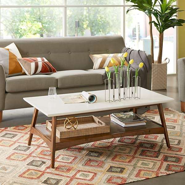 Madison Park Rectangular Wood Coffee Table With Solid Wood Frame & Legs, Living Room Coffee Tables With Storage Shelf, Accent Furniture For Living Room, Minimalist Decor - Off-White / Pecan Parker - Image 2