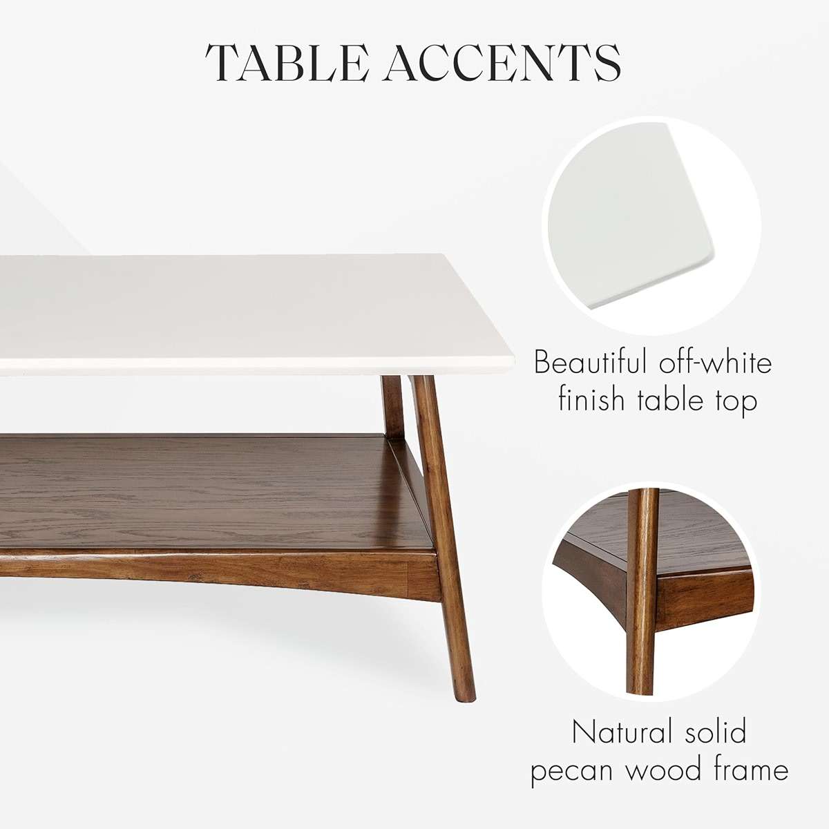 Madison Park Rectangular Wood Coffee Table With Solid Wood Frame & Legs, Living Room Coffee Tables With Storage Shelf, Accent Furniture For Living Room, Minimalist Decor - Off-White / Pecan Parker - Image 4