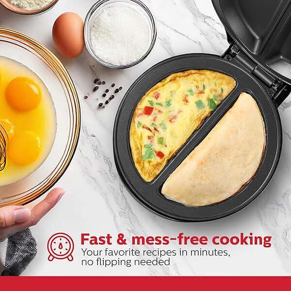 Holstein Housewares Stainless Steel 2 Section Omelet & Frittata Maker, Non Stick Coating, Easy To Clean, Indicator Lights, Compact Storage, Prepare Versatile Recipes in Minutes. 2 Portions, Black - Image 2