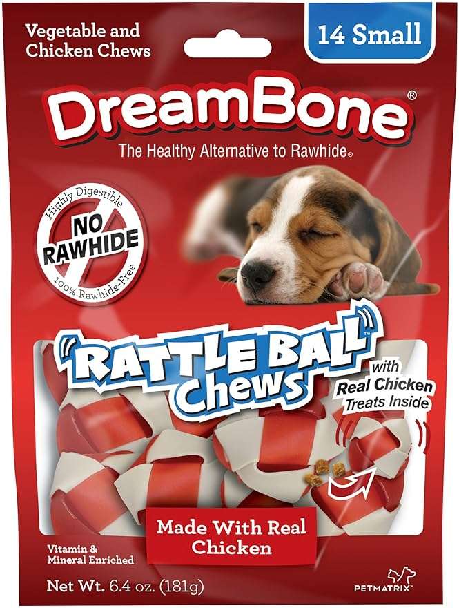 DreamBone Chicken RattleBall Dog Treats, Daily Rawhide-Free Chew, Digests Safely, With Real Protein, Chicken and Veggies, 14 count - Image 1