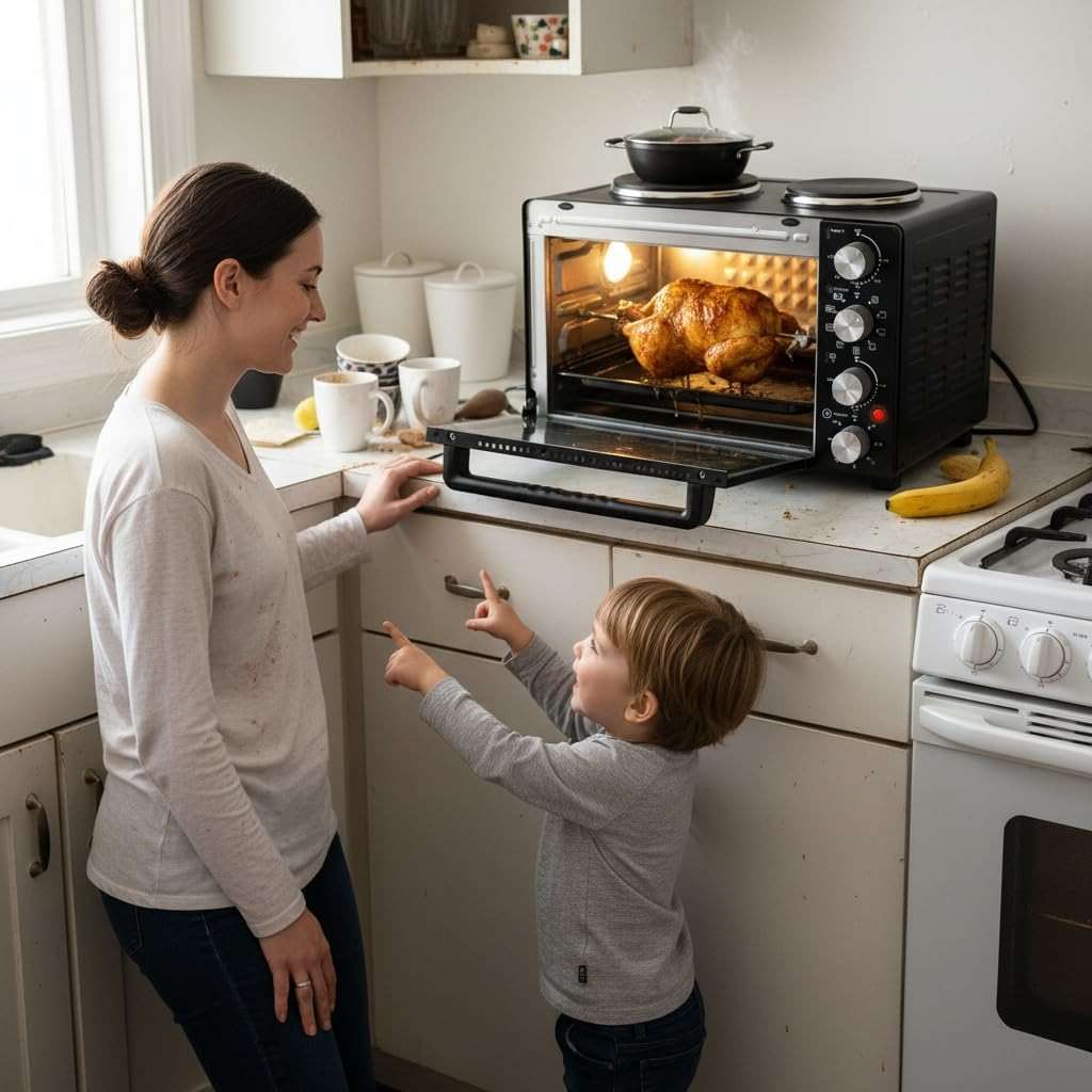 NutriChef 30 Quart Kitchen Convection Oven & 2 Burner Cooker - 1500 Watt Oven - 7 Cook Functions Rotisserie, Cook, Bake, Broil & More - Includes Baking Tray, Skewers & Handles - 19.6 x 16.0 x 13.5 IN - Image 2
