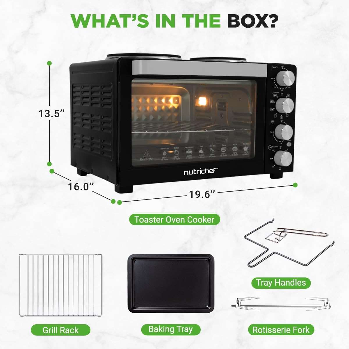 NutriChef 30 Quart Kitchen Convection Oven & 2 Burner Cooker - 1500 Watt Oven - 7 Cook Functions Rotisserie, Cook, Bake, Broil & More - Includes Baking Tray, Skewers & Handles - 19.6 x 16.0 x 13.5 IN - Image 3