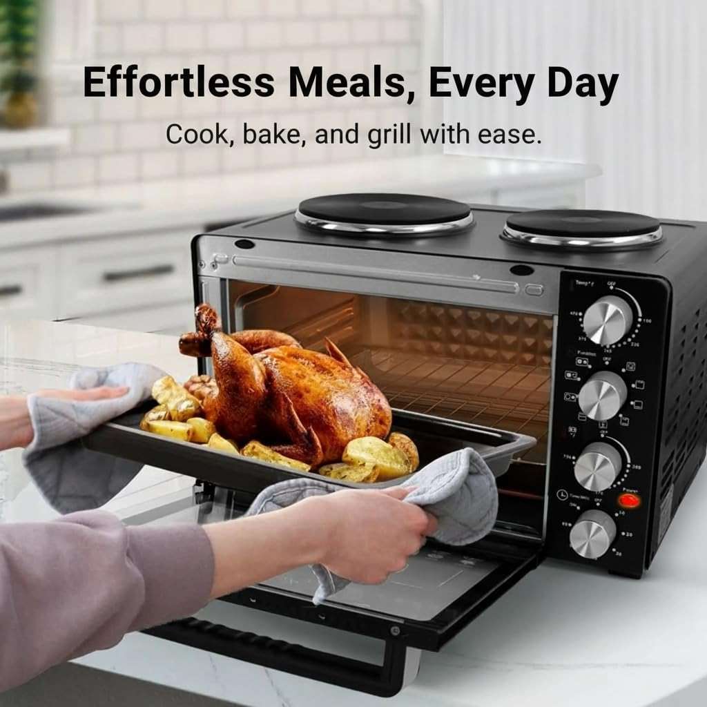 NutriChef 30 Quart Kitchen Convection Oven & 2 Burner Cooker - 1500 Watt Oven - 7 Cook Functions Rotisserie, Cook, Bake, Broil & More - Includes Baking Tray, Skewers & Handles - 19.6 x 16.0 x 13.5 IN - Image 4
