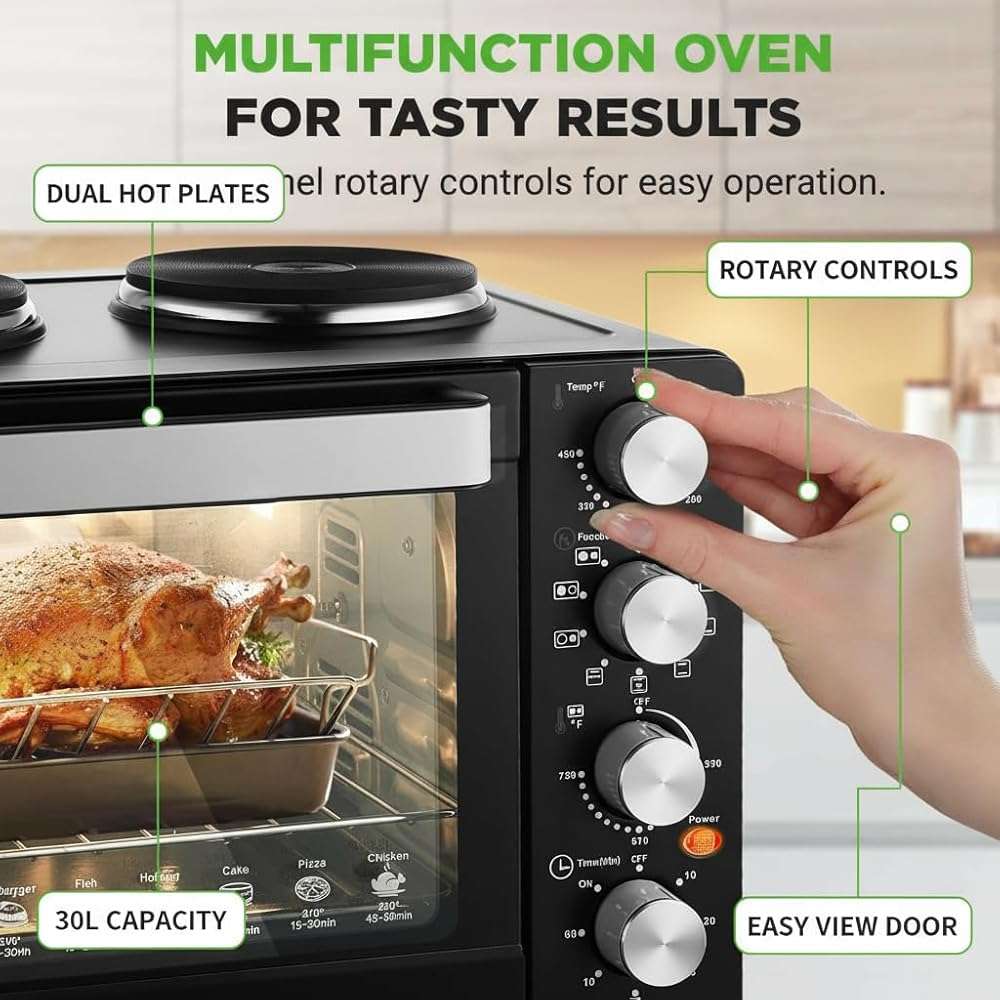 NutriChef 30 Quart Kitchen Convection Oven & 2 Burner Cooker - 1500 Watt Oven - 7 Cook Functions Rotisserie, Cook, Bake, Broil & More - Includes Baking Tray, Skewers & Handles - 19.6 x 16.0 x 13.5 IN - Image 5