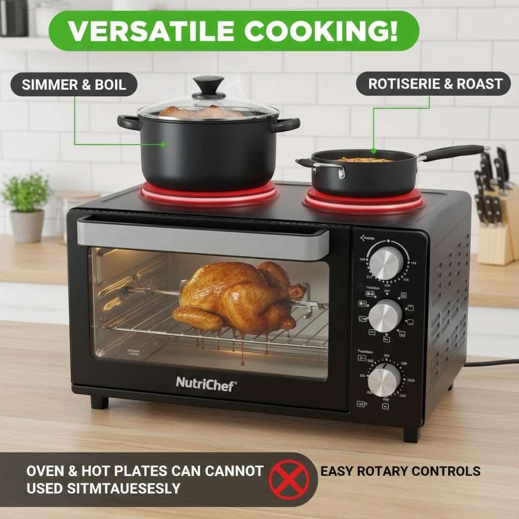 NutriChef 30 Quart Kitchen Convection Oven & 2 Burner Cooker - 1500 Watt Oven - 7 Cook Functions Rotisserie, Cook, Bake, Broil & More - Includes Baking Tray, Skewers & Handles - 19.6 x 16.0 x 13.5 IN - Image 6