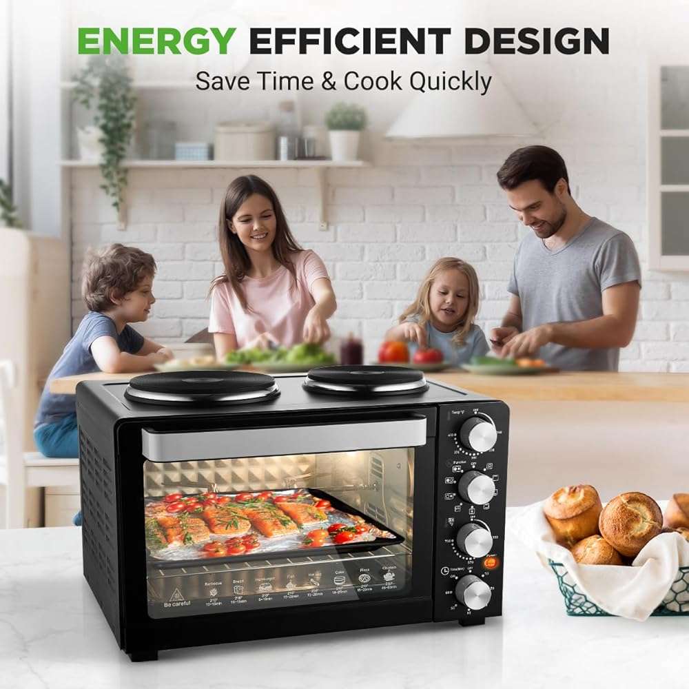 NutriChef 30 Quart Kitchen Convection Oven & 2 Burner Cooker - 1500 Watt Oven - 7 Cook Functions Rotisserie, Cook, Bake, Broil & More - Includes Baking Tray, Skewers & Handles - 19.6 x 16.0 x 13.5 IN - Image 7