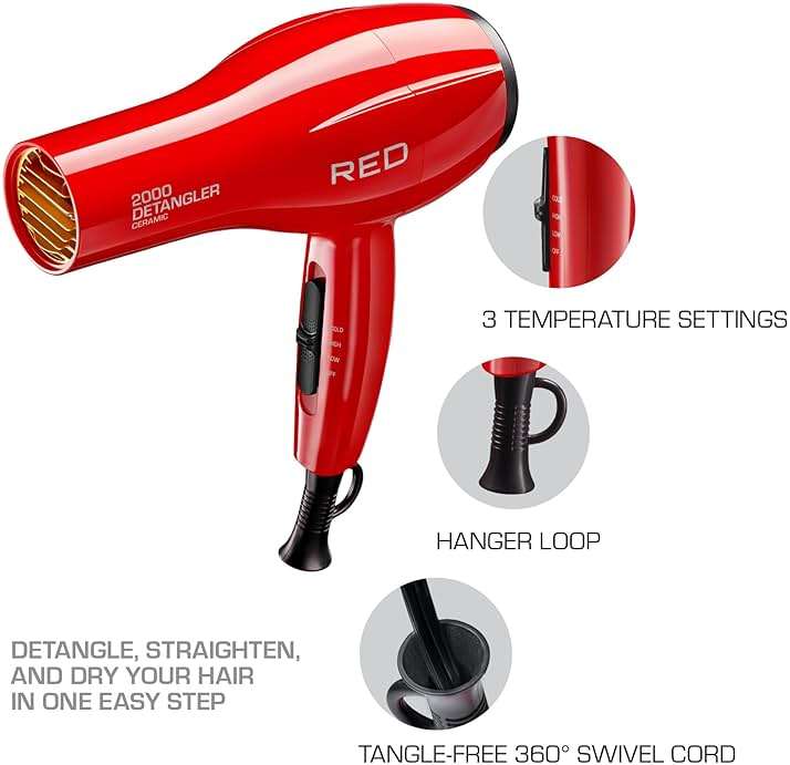 Kiss Products Red Detangler Dryer Plus 3 Attachments, 1.75 Pound - Image 4