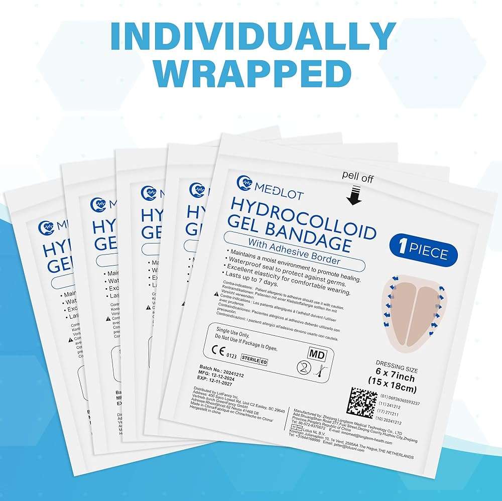 LotFancy Sacral Hydrocolloid Dressing, 6”x7”, Pack of 5, Sterile Thin Bordered Hydrocolloid Bandages, Sacrum Wound Gel Patches for Fast Healing, Water-Resistant, Individually Packed - Image 8