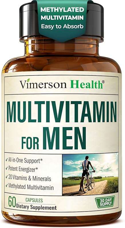 Vimerson Health Multivitamin for Men: Methylated B Vitamins, Chelated Minerals and Bioavailable D3 for Focus and Energy Support – Daily Mens Multivitamins and Multiminerals – 60 Capsules - Image 1