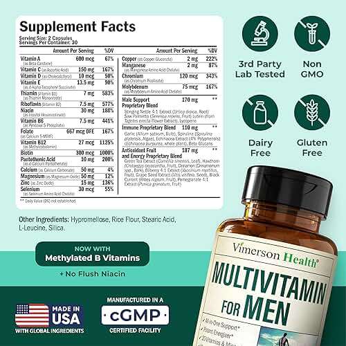Vimerson Health Multivitamin for Men: Methylated B Vitamins, Chelated Minerals and Bioavailable D3 for Focus and Energy Support – Daily Mens Multivitamins and Multiminerals – 60 Capsules - Image 3