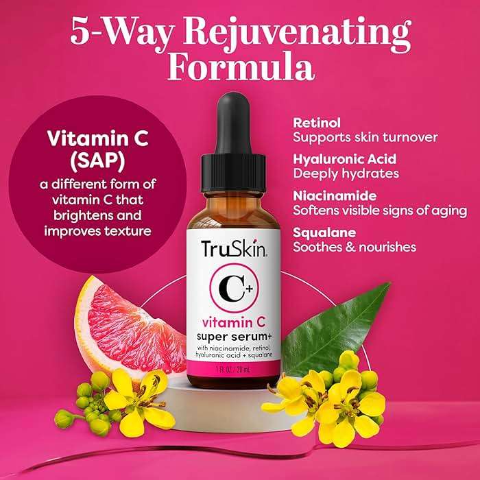 TruSkin Vitamin C Super Serum for Face - Five Skin Benefits in One Serum with Vitamin C, Retinol, Niacinamide, Hyaluronic Acid & Squalane - Brighten, Firm & Smooth the Look of Skin - 1 fl oz - Image 3