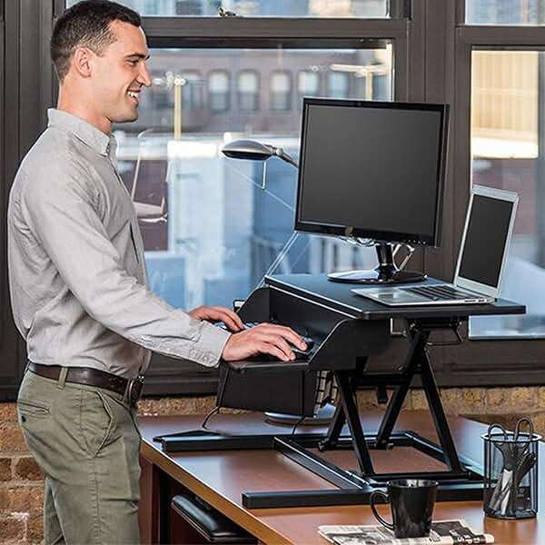 Stand Up Desk Store AirRise Pro Two Tier Standing Desk Converter Monitor Stand with Built-in Keyboard Tray (Black, 32" Wide) - Image 5