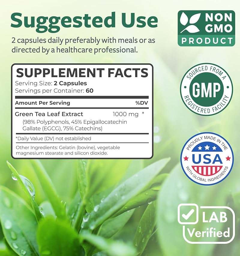 EGCG Green Tea Extract Capsules - Super High Potency Green Tea Pills Antioxidant Rich Formula Packed with Polyphenols Catechins & EGCG - 500mg Per Capsule - Non-GMO & Made in the USA (2 Month Supply) - Image 5