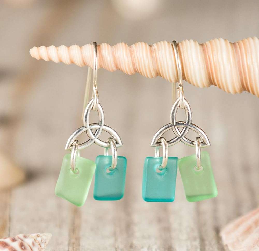 Sea Glass Celtic Knot Earrings - Sterling Drop Beach Earrings for Women by EcoSeaCo, using recycled and sustainable material. Handmade in the USA - Image 6