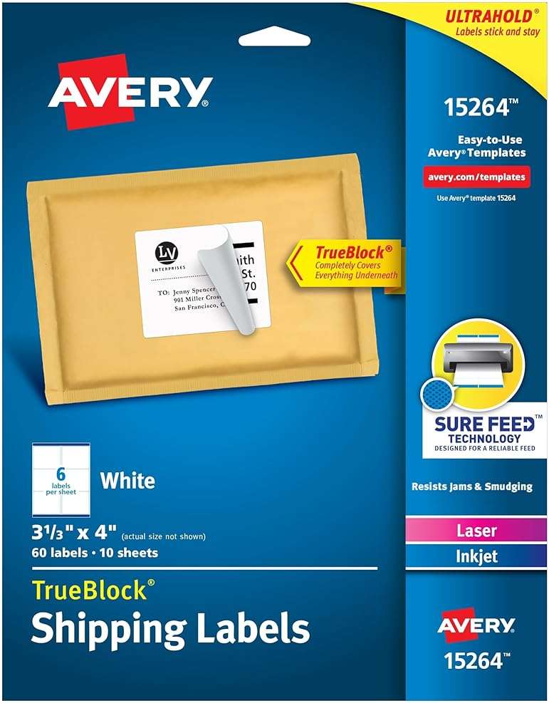 Avery Printable Shipping Labels, Sure Feed Technology, 3-1/3" x 4", White, Laser/Inkjet Printable, 60 Blank Mailing Labels (15264) - Image 1