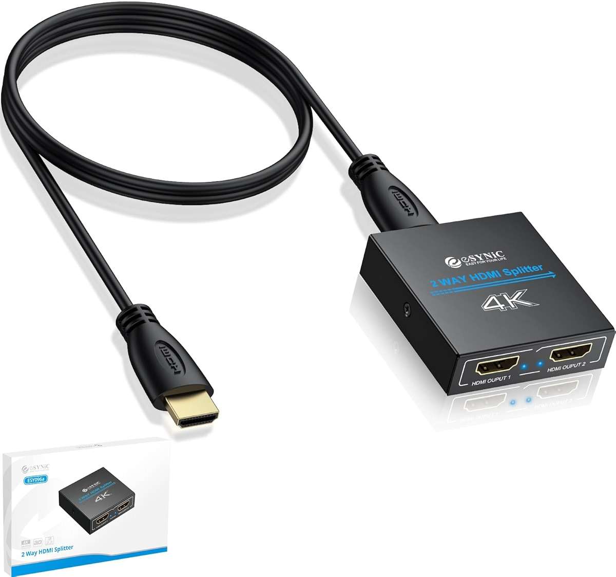eSynic 4K@30Hz HDMI Splitter 1x2-1 in 2 Out HDMI Splitter for Dual Monitors-Plug & Play-Supports1080P 3D HDCP Bypass – for PS4/PS5, Projector, PC, TV, Office Conference -Only Mirror No Extend Mode - Image 1