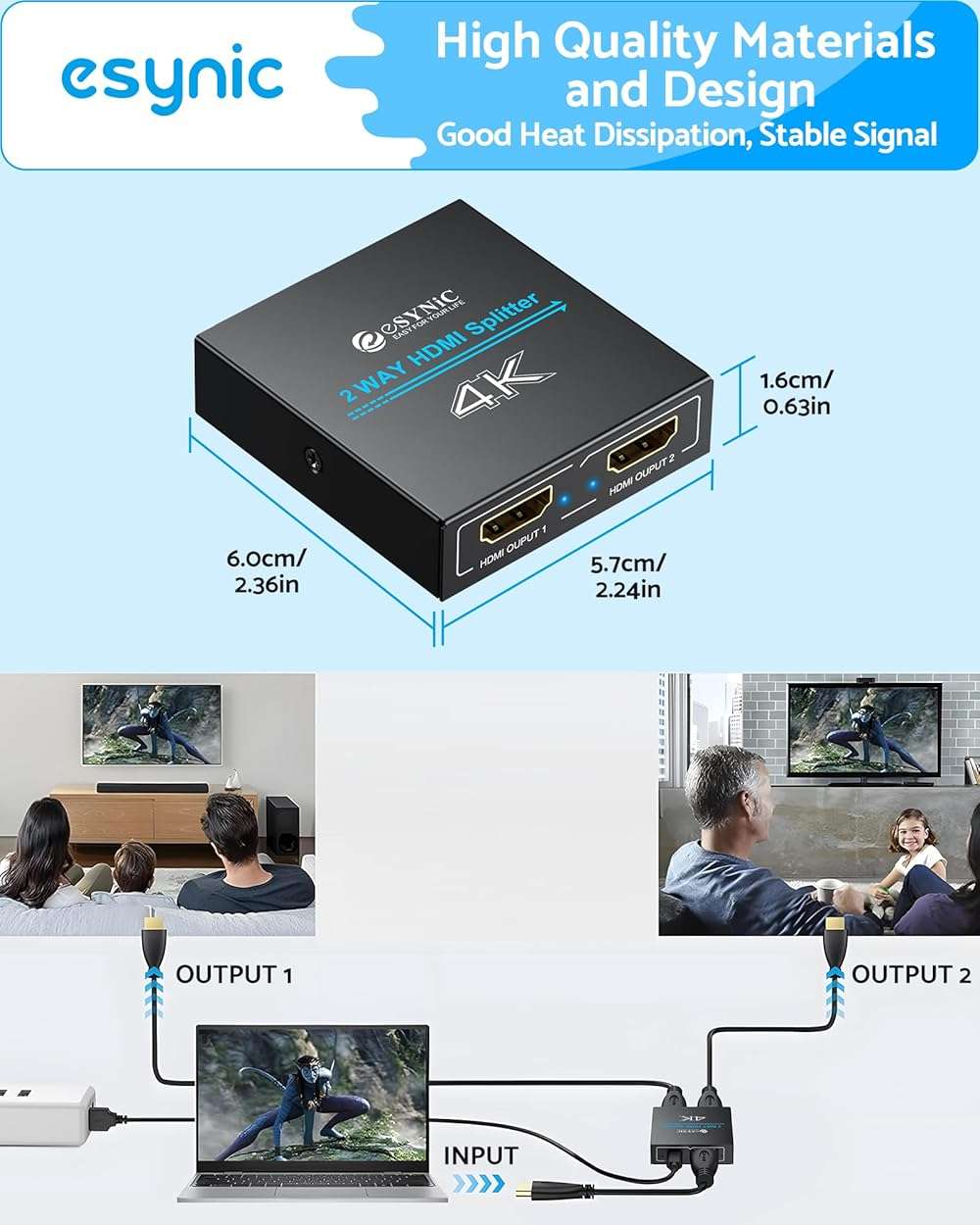 eSynic 4K@30Hz HDMI Splitter 1x2-1 in 2 Out HDMI Splitter for Dual Monitors-Plug & Play-Supports1080P 3D HDCP Bypass – for PS4/PS5, Projector, PC, TV, Office Conference -Only Mirror No Extend Mode - Image 3