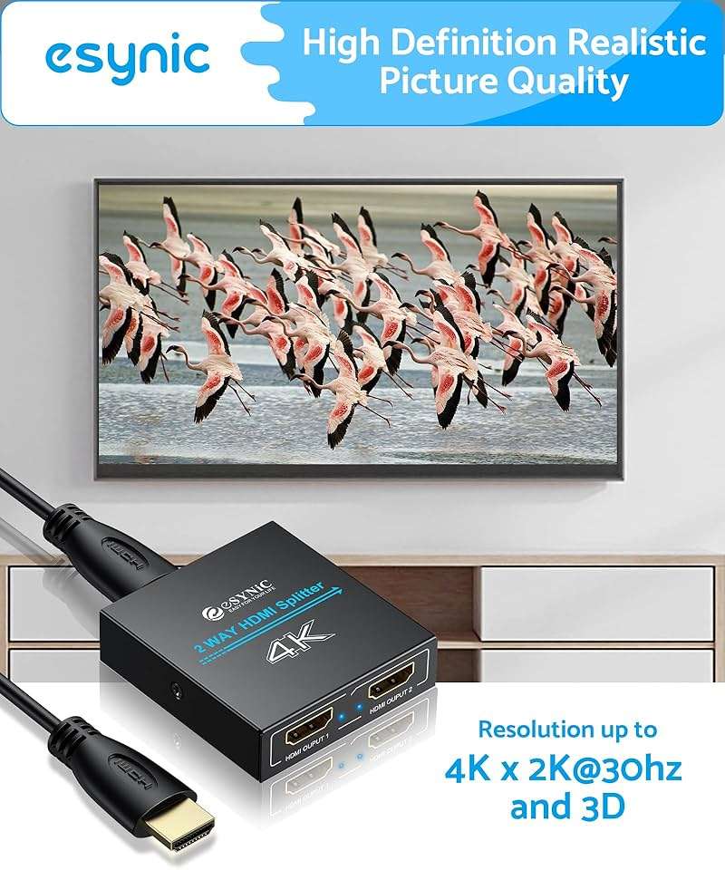 eSynic 4K@30Hz HDMI Splitter 1x2-1 in 2 Out HDMI Splitter for Dual Monitors-Plug & Play-Supports1080P 3D HDCP Bypass – for PS4/PS5, Projector, PC, TV, Office Conference -Only Mirror No Extend Mode - Image 4