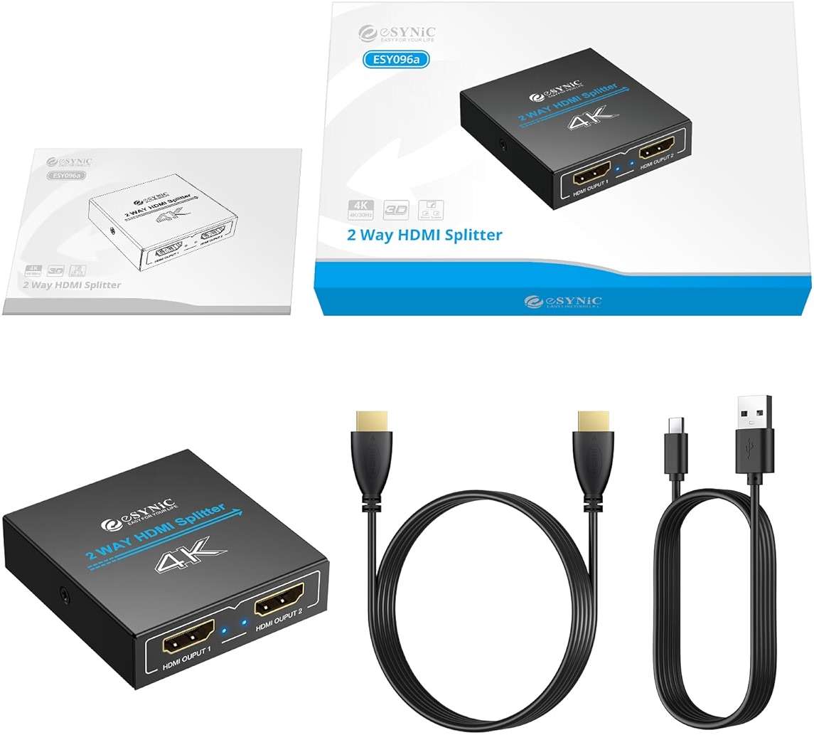 eSynic 4K@30Hz HDMI Splitter 1x2-1 in 2 Out HDMI Splitter for Dual Monitors-Plug & Play-Supports1080P 3D HDCP Bypass – for PS4/PS5, Projector, PC, TV, Office Conference -Only Mirror No Extend Mode - Image 7
