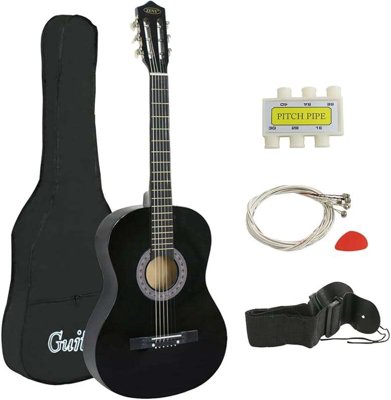 ZENY Beginners 38 inch Acoustic Guitar Package Kit for Right-handed Starters Music Lovers w/ Case, Strap, Pitch Pipe and Pick (Black) - Image 1