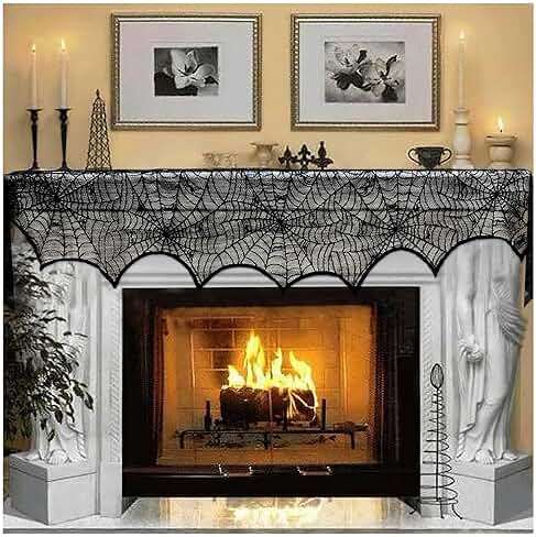 AerWo Halloween Decoration Black Lace Spiderweb Fireplace Mantle Scarf Cover Festive Party Supplies 45 X 243cm 18 x 96 inch - Image 1