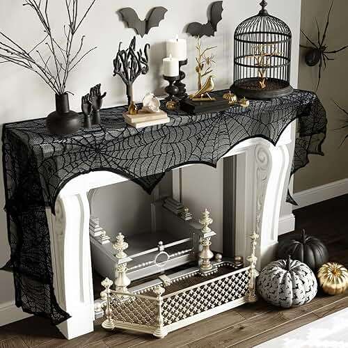 AerWo Halloween Decoration Black Lace Spiderweb Fireplace Mantle Scarf Cover Festive Party Supplies 45 X 243cm 18 x 96 inch - Image 8
