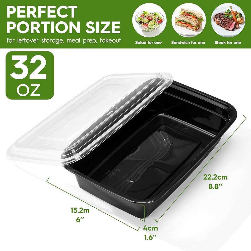 Glotoch Meal Prep Containers 32oz 50 Pack(100 Piece) with Lids, Plastic Food Storage Containers Reusable, Bento Boxes for Portion Control,Takeout, Lunch, Salad, Microwave/Freezer/Dishwasher safe - Image 3