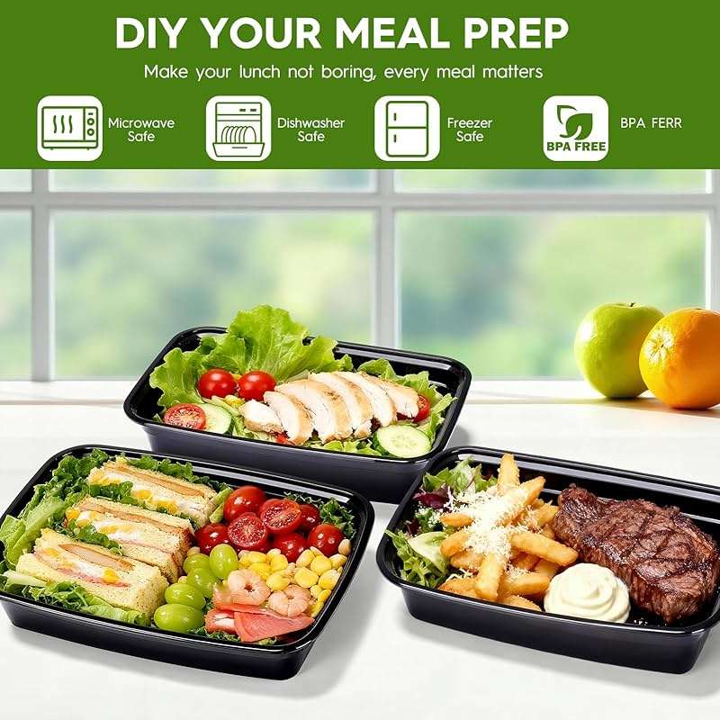 Glotoch Meal Prep Containers 32oz 50 Pack(100 Piece) with Lids, Plastic Food Storage Containers Reusable, Bento Boxes for Portion Control,Takeout, Lunch, Salad, Microwave/Freezer/Dishwasher safe - Image 4