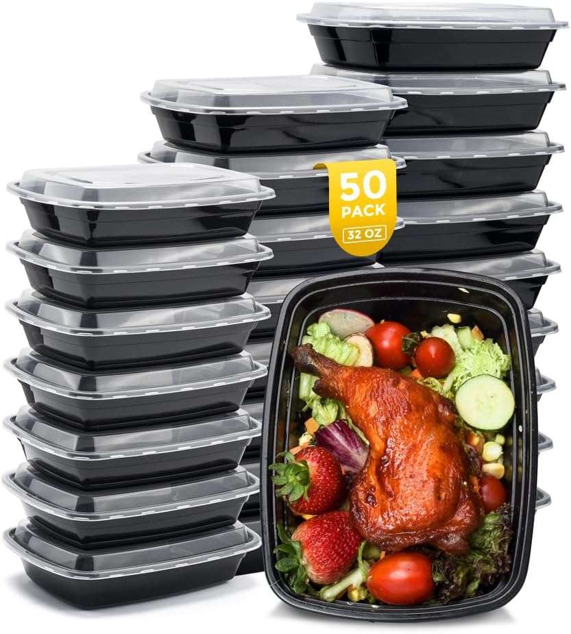 Glotoch Meal Prep Containers 32oz 50 Pack(100 Piece) with Lids, Plastic Food Storage Containers Reusable, Bento Boxes for Portion Control,Takeout, Lunch, Salad, Microwave/Freezer/Dishwasher safe - Image 9