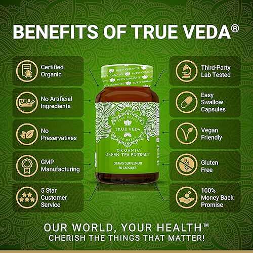 True Veda USDA Organic Green Tea Extract Capsules with EGCG | Premium Plant-Based Green Tea Pills | High Quality EGCG Supplements | Low Caffeine | 60 Vegan Capsules - Image 2