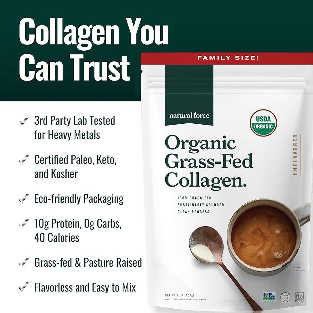 Natural Force Organic Clean Collagen Peptides Powder - USDA Certified Organic & Non-GMO, Keto & Paleo Certified - Hydrolyzed Type I & III Protein Powder with Essential Amino Acids – Unflavored, 32oz - Image 5