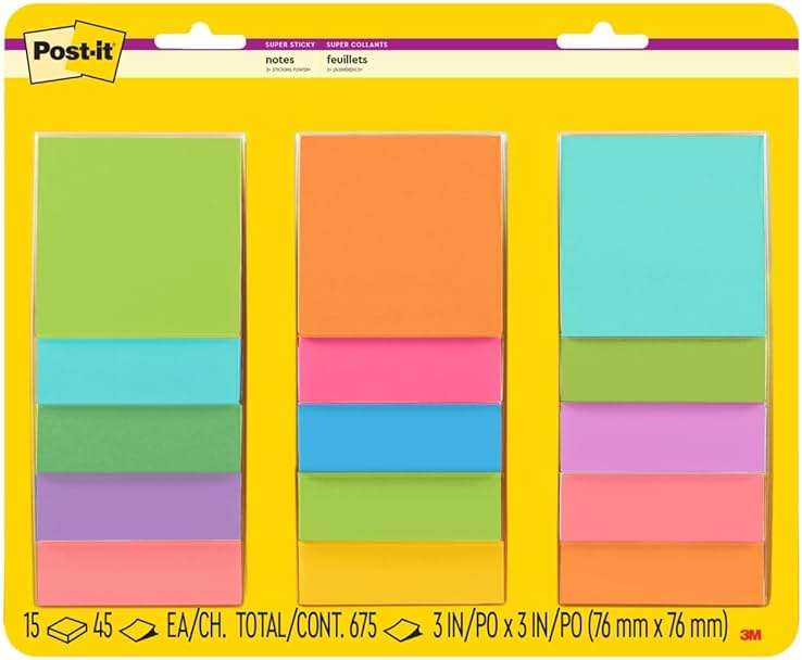 Post-it Super Sticky Notes, 15 Sticky Note Pads, 3 x 3 in, School Supplies, Office Products, Notes for Vertical Surfaces, Monitors, Walls and Windows, Supernova Neons and Energy Boost Collections - Image 1