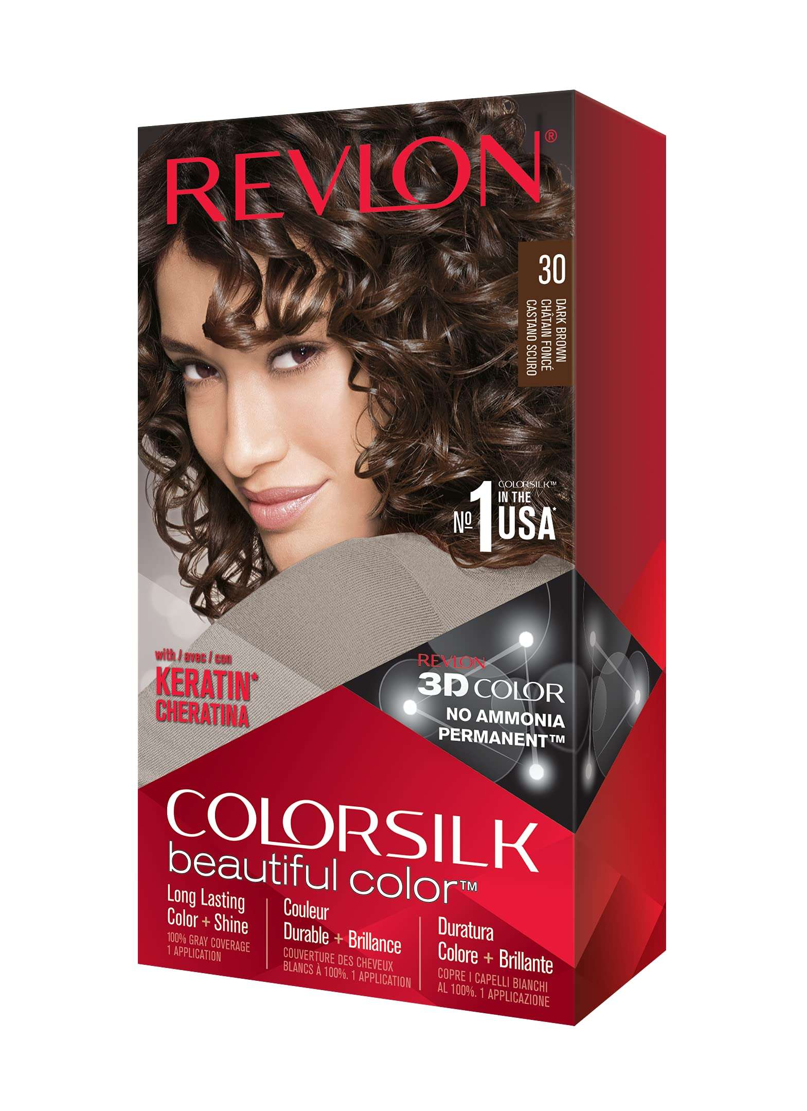 Revlon Colorsilk Beautiful Color, Permanent Hair Dye with Keratin, 100% Gray Coverage, Ammonia Free, 30 Dark Brown - Image 1