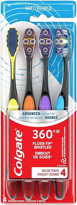 Colgate 360 Advanced Floss Tip Soft Bristle Toothbrush, 17x Thinner Bristles for Deep Reach Between Teeth, Ergonomic Handle with Soft Bristles and Tongue Cleaner, 4 Pack - Image 1