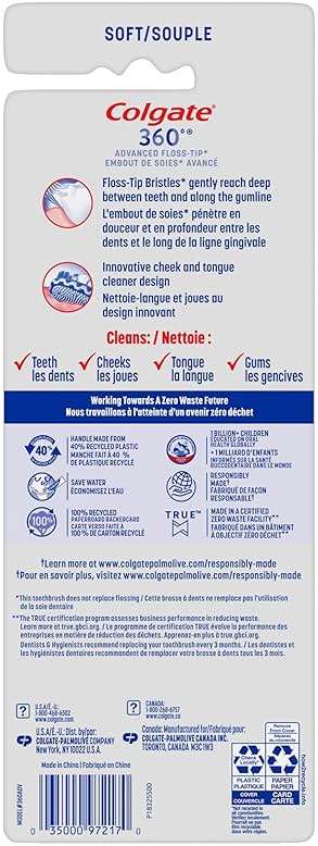 Colgate 360 Advanced Floss Tip Soft Bristle Toothbrush, 17x Thinner Bristles for Deep Reach Between Teeth, Ergonomic Handle with Soft Bristles and Tongue Cleaner, 4 Pack - Image 7