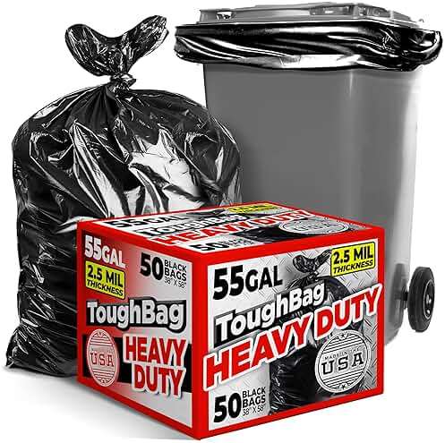 ToughBag 55 Gallon Trash Bags, 2.5 Mil Contractor Bags - 50 Count, Large 55-60 Gallon Trash Can Liners, Black Contractor Garbage Bags, 38 x 58" - Made in USA - Image 1