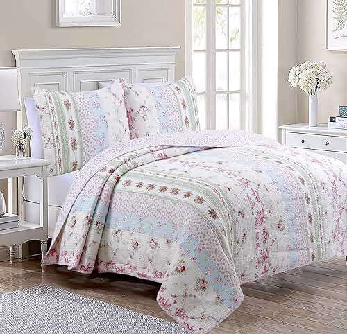Cozy Line Home Fashions 100% Cotton Real Patchwork Pink Floral Cottage Shabby Chic Reversible Quilt Bedding Set, Bedspread, Coverlet (Wild Rose, Queen - 3 Piece) - Image 1
