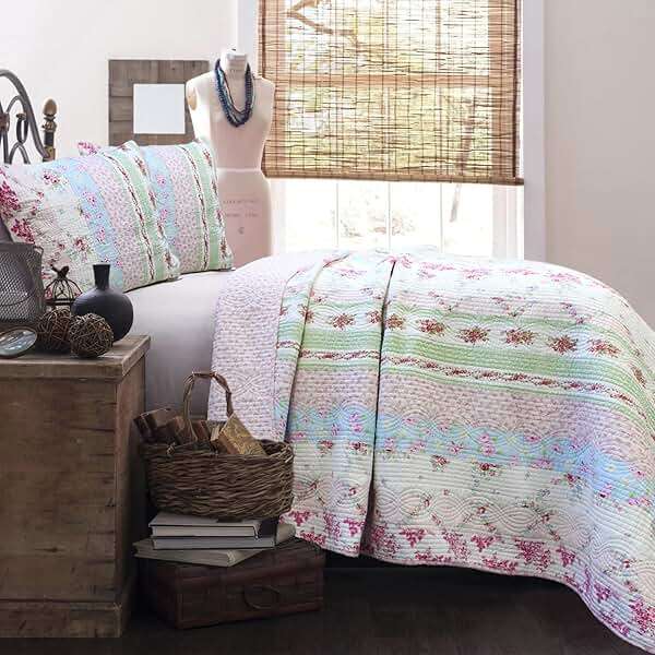 Cozy Line Home Fashions 100% Cotton Real Patchwork Pink Floral Cottage Shabby Chic Reversible Quilt Bedding Set, Bedspread, Coverlet (Wild Rose, Queen - 3 Piece) - Image 2