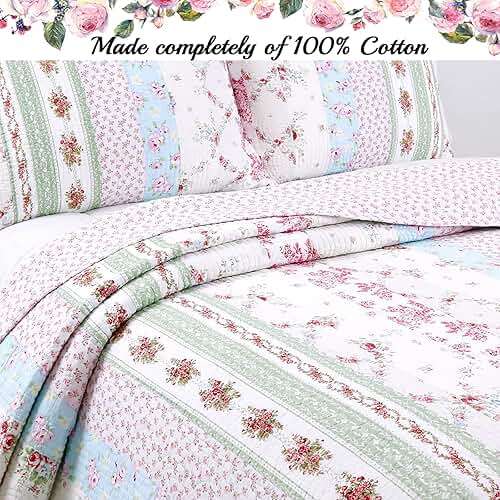 Cozy Line Home Fashions 100% Cotton Real Patchwork Pink Floral Cottage Shabby Chic Reversible Quilt Bedding Set, Bedspread, Coverlet (Wild Rose, Queen - 3 Piece) - Image 3